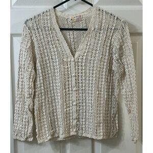 Vintage Shanghai Handmade Cotton Crocheted Cardigan Sweater Wmns LG Ecru *READ*